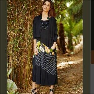 Alembika Lagenlook Black Tulip Stripes Mixed Media Maxi Tank Dress 5 XXL (Bx28)